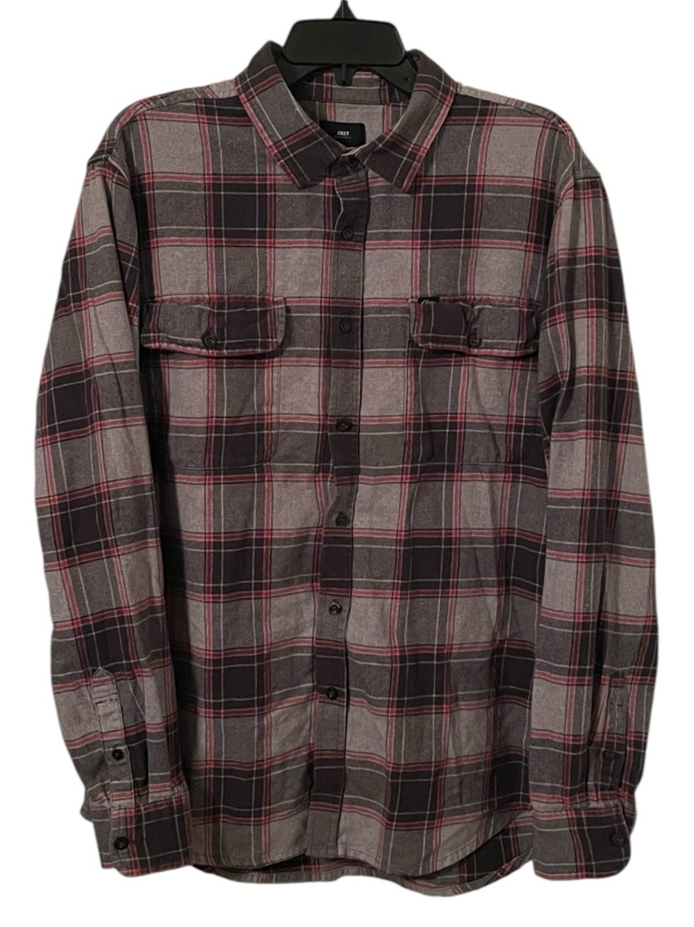 Obey Worldwide Men's Gray Red Double Pocket Plaid‎ Button Up Shirt Top Size XL